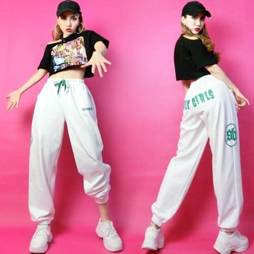 Modern Hip Hop Dance Clothes Adult Women Jazz Practice Clothing Short Sleeve Tops White Pants Nightclub Showgirl Wear DNV15056
