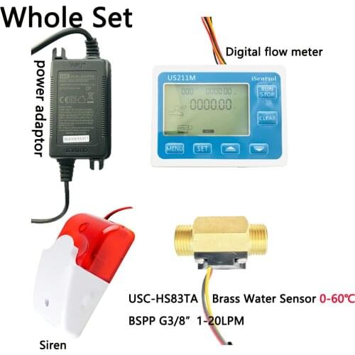 US211MA Pipe Water Suspend Alarming System Brass BSPP G3/8" Flow Sensor Turbine Flowmeter iSentrol with Siren
