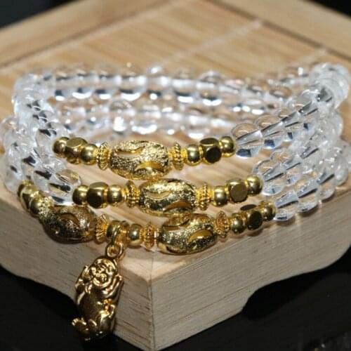 High grade gold-color pendant elegant white electroplate crystal multilayer bracelets for women 6mm round beads jewelry B2253