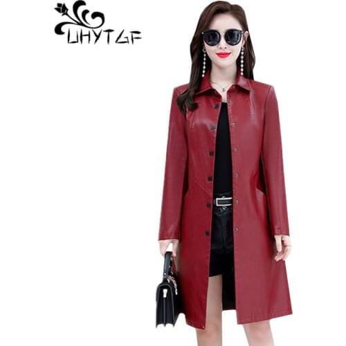 UHYTGF 5XL plus size leather jacket women korean slim long coat Single-breasted casual autumn leather jacket leren jas dames928