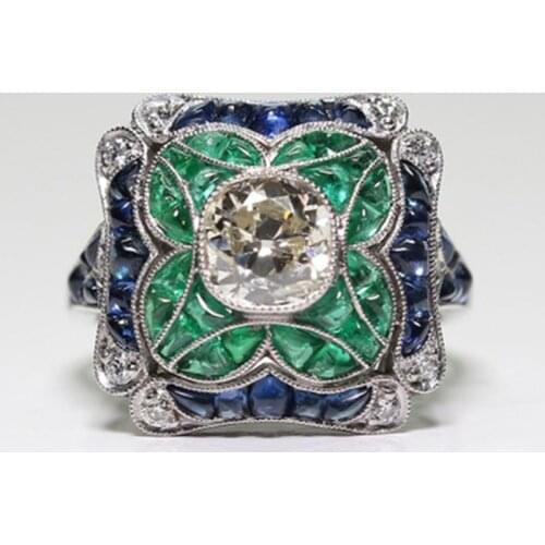 2019 Vintage Stone Rings for Women Romantic Wedding Ring Silver Colors Rings Green CZ With Blue Cystal Luxury Jewelry Wholesale