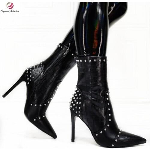 Women Rivet Ankle Boots Lady Winter PU Leather Side Zipper Short Boots Pointed Toe Thin Heels Woman Booties Shoes Size 36-47