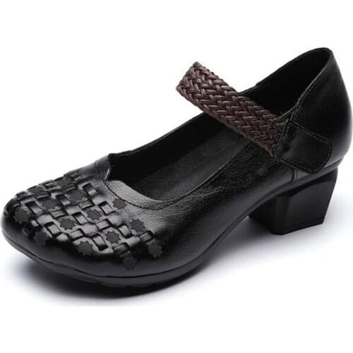 Top Cowhide Retro-style Genuine Leather Shoes Women High Heel Shoes 2020 Spring Ladies Shoes Fashion Elegant Mom Pumps Shoes