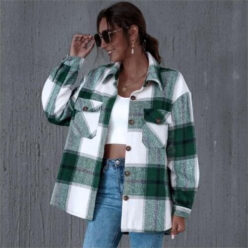 2021 New Style Female Coat Plaid Turn-Down Collar Long Sleeve Cardigan Coat Jacket for Women Autumn Clothing S/M/L/XL