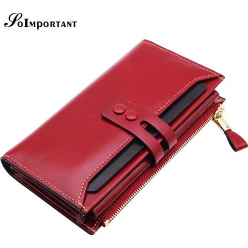 Women Wallets Female Genuine Oil Wax Leather Long Clutch Lady Walet Portomonee Luxury Brand Multi Card Holder Zipper Coin Purse