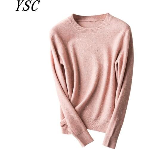 YSC 2020 Women Knitted 35% wool Sweater Classic Round collar Loose style keep warm High-quality pullover Sequin decoration