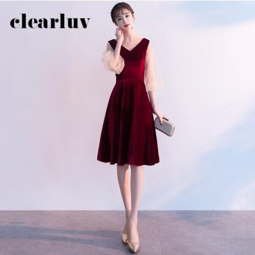 Double V-Neck Banquet Gowns For Women DR339 Burgundy A-Line Elegant Prom Dresses Half Sleeve Vestido Patchwork Formal Dress 2020