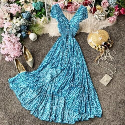 New-Coming Womens V-neck Floral Dress Folds Summer Button Backless Dress Seaside Fake Cotton Silk irregular Large Swing Dresses