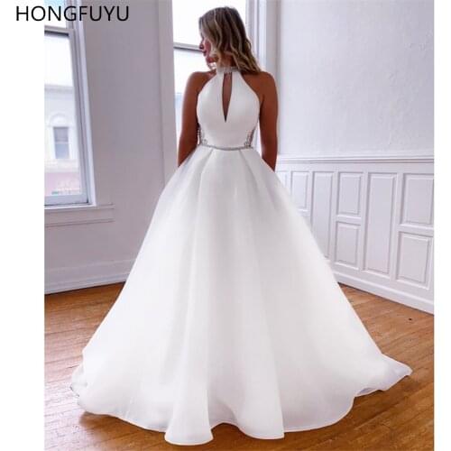 HONGFUYU A Line White Organza Wedding Dresses 2021 Simple Heyhole High Neck Crystals Bridal Gowns robe de mariage with Pockets
