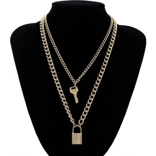 Gold Necklace Set Engagement Jewelry Gift Women Necklaces Punk Key Padlock Pendant Clavicle Chain Multilayer