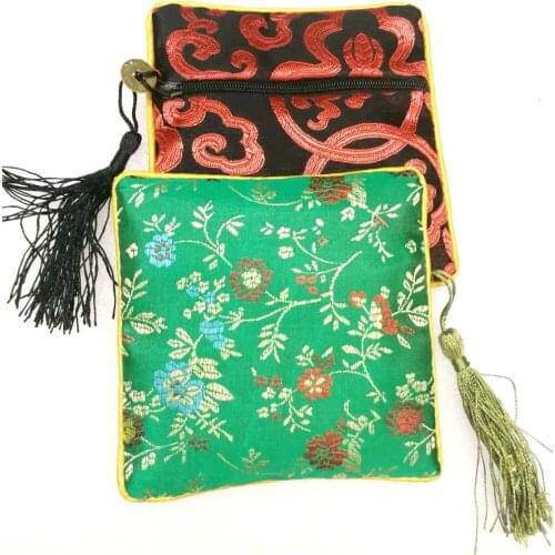 2pcs Chinese Zipper Coin Tassel Square Embroidery Brocade Silk Coin Bags, Purse, Jewelry Bags, necklace bags Random Color