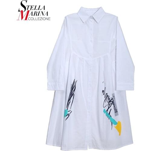 * White Green Autumn New Plus Size Straight Printed Shirt Dress Style Straight Midi Girls Casual Wear Street Dress Robe J98202