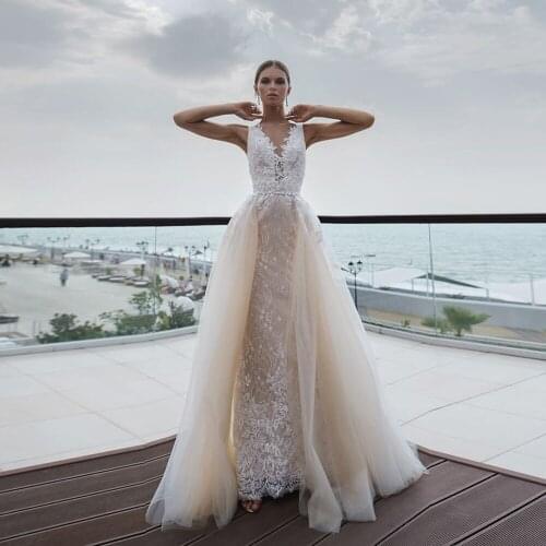 Hochzeitskleid Detachable Train Mermaid Wedding Dress With Shawl Gelinlik O-Neck Vestido De Noiva Beading Pearls Sukienka