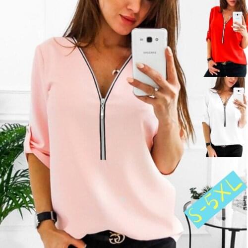 Kuelawear V-neck Zipper Shirt Summer Womens Fashion Casual T-Shirt Ladies Pure Color Tops Pullover Loose Shirts Plus Size S-5XL