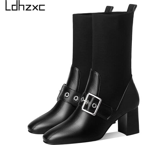 LDHZXC Ankle Boots For women Fashion Buckle Sock Boots Stretch Fabric Shoes Female high Heels Black Punk Style Ladies Party New