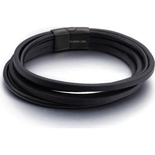 11mm Classic 100% Stainless Steel Black Color Genuine Leather Wristband Mens Boys Bracelet Bangle 8.66" Wholesale Gift Hotsale