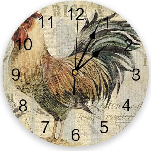 Rooster Retro Print Wall Clock Wall Art Silent Non ticking Round Wall Watch for Home Decortaion Best Gift