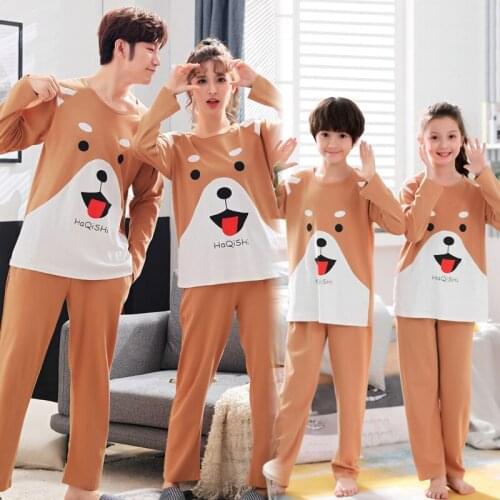 Size 3T-4XL Autumn Cartoon Parent-Child Pajamas For Boys Girls Children Sets Pure Cotton Long Sleeve Home Wear Couples Clothes