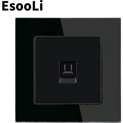 EsooLi Black Crystal Glass Panel 1 Gang RJ45 Internet Jack CAT5E Connector Computer Outlet Wall Data Socket
