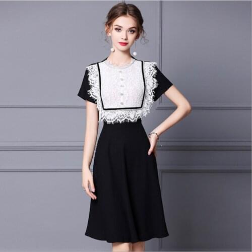 French Style Black Blue Slim Sweet Lady Summer A-Line Dress White Lace Pure Medium O-Neck Dresses Womans Elegant Big Size Skirt