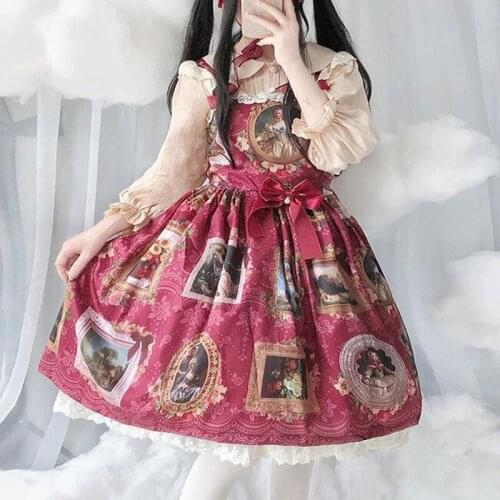 Printing high waist victorian dress kawaii girl gothic lolita jsk loli Palace princess sweet lolita dress vintage lace bowknot
