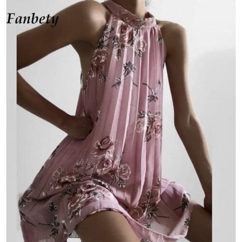 Sexy Sleeveless Halterneck Dress Women Elegant Floral Print Beach Party Dress Summer Chiffon Creasing Design Loose Dress Vestido