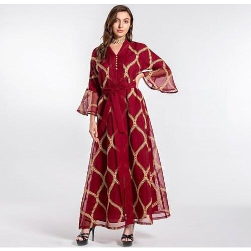 Muslim Dresses for Women Summer Muslim Women Long Sleeve V-neck Plus Size Long Dress Abaya for Women