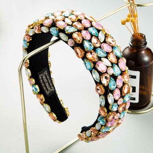 Luxurious Baroque Full Color Crystal Headband Womens Handmade Geometric Bead Wide Brimmed Sponge Hair Band Party Headdress