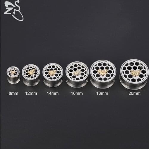 ZS 1 Pair 316L Stainless Steel Ear Tunnel Plug Bee Honeycomb Shape Flesh Expander Double Flared Ear Gauges Body Piercing Jewelry