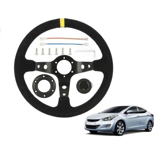 Universal Black Alloy Spoke Genuine Suede 13.8" Deep Corn Dish Racing Sport Drifting Steering Wheel for Any Car