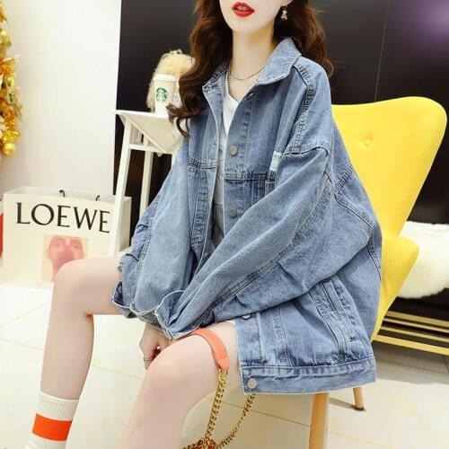 Vintage Denim Jacket Women Spring Coat Ripped Oversized Outerwear Coats Windbreaker Boyfriend Female Jeans Jacket Pure Color