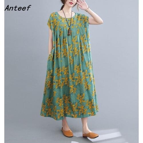 Short sleeve cotton vintage floral dresses for women casual loose long summer dress elegant clothes 2021 sundress