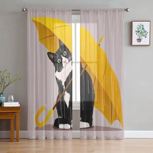 Yellow Umbrella Cat Window Tulle Curtains for Living Room Bedroom Hotel Luxury Decoration Sheer Curtains