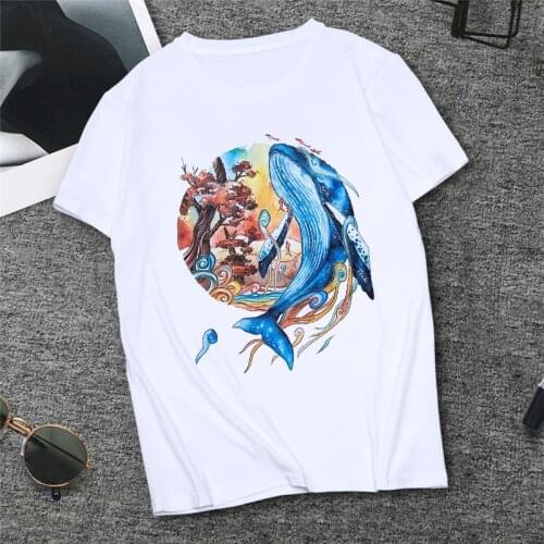 Womens marine life whale print T-shirts New summer fashion female T shirt casual short-sleeved Oversize tops Tshirt streetwear