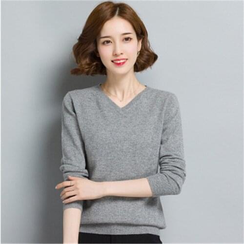 New arrival 100%goat cashmere Vneck knit women korean style solid slim pullover sweater grey 2color S-XL