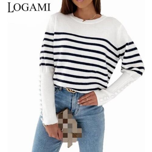 LOGAMI 2021 Autumn and Winter Striped Sweater Women Long Sleeve O Neck Pullover Sweater