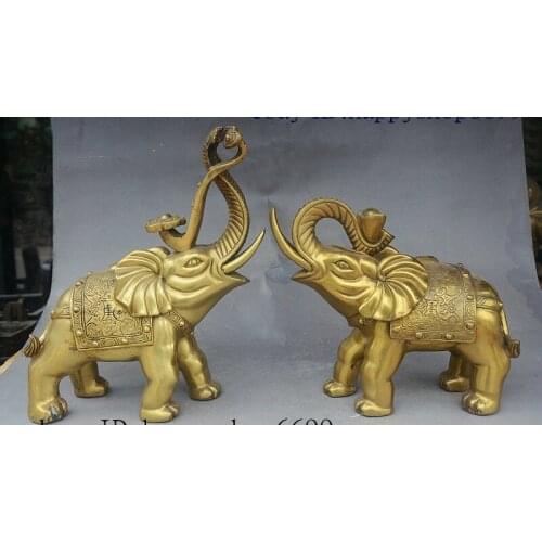 11" Chinese FengShui Brass Jixiang Ruyi Wealth Elephant Hold Money Statue Pair