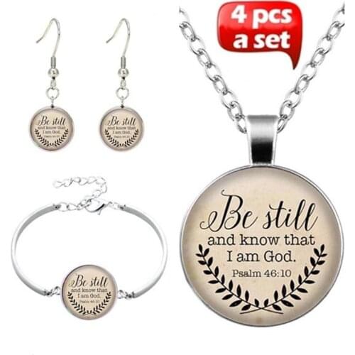 4Pcs/Set New Fashion Hot Sale Handmade Glass Bible Verse Pendant Choker Necklace Bracelet Earrings For Women Jewelry wholesale