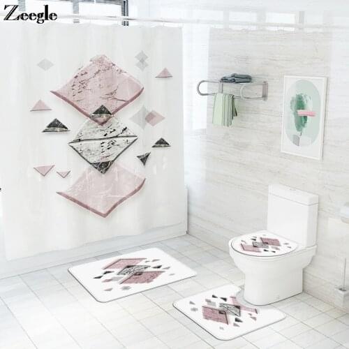 4PCS Bath Mat Set Home Decor Printed Shower Curtain Set Abstract Geometry Washable Bath Mat Memory Foam Toilet Mat U-Shaped Rug