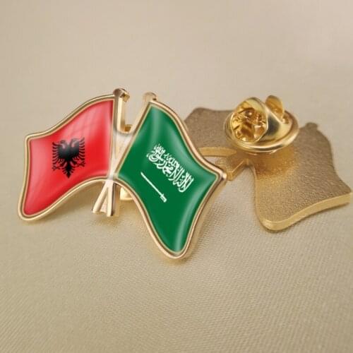 Albania and Saudi Arabia Crossed Double Friendship Flags Lapel Pins Brooch Badges