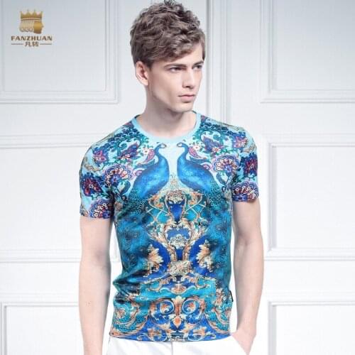 Free shipping casual New 2015 male fashion mens short sleeved Summer icy silk shirt symmetrical stamp t-shirt peacock on sale