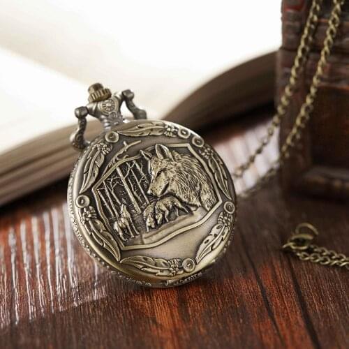 Retro Bronze Dog Wolf Pattern Quartz Pocket Watch With Necklace Chain Women Mens Cool Pendant Clock Classic Quartz Pocket Watch
