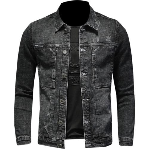 Spring Men Denim Jacket Black Fashion Casual Cotton Long Sleeve Elasticity Slim Clothes Motorcycle Cowboy Jeans Coat Male Brand