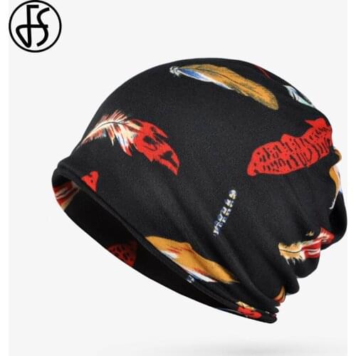FS 2020 Trendy Feather Print Hip Hop Beanies Winter Hats For Women Men Black Gray Plus Velvet Neck Warm Knitted Scarf Cap