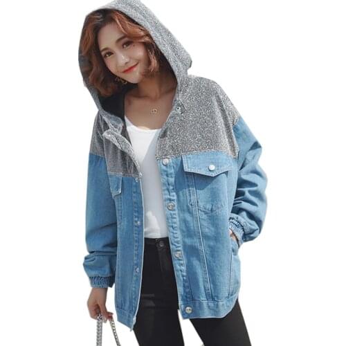 Oversized Long Sleeve Denim Jacket With Hood Patchwork Sequin Jacket Women Spring Blue Korean Coat and Jacket Clothing 2021