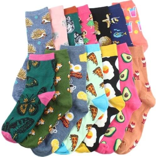 Fox Butterfly Hedgehog Design Funny Socks Women Egg Pizza Juice Dancing Girl Cute Sokken Divertidos Femme Skarpetki Skarpety