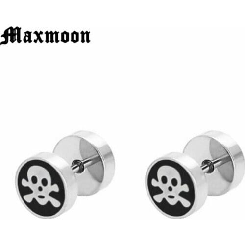 Maxmoon 1 Pair Punk Silver Color Stainless Steel Round Plain Men Ear Stud Barbell Earrings Women Ear Plugs Piercing Jewelry