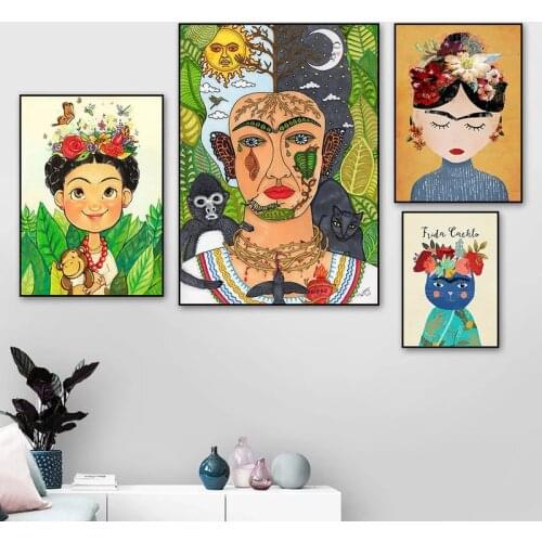 Cute Cat Flower Butterfly Canvas Paintings Color Cartoon Girl Portrait Posters Prints Wall Art Pictures for Living Home Decor