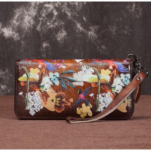 Multi-Cards Purse Zipper Money Clips Bags Clutch Handy Bag Female Printing Floral Genuine Leather Vintage Long Women Wallets