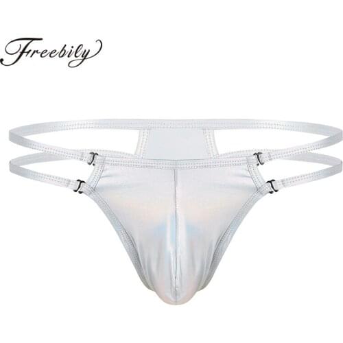 Mens Shiny Metallic Lingerie Gay Sexy Panties Low Rise Bulge Pouch T-Back Jockstrap Bikini Thongs Male Underwears Underpants